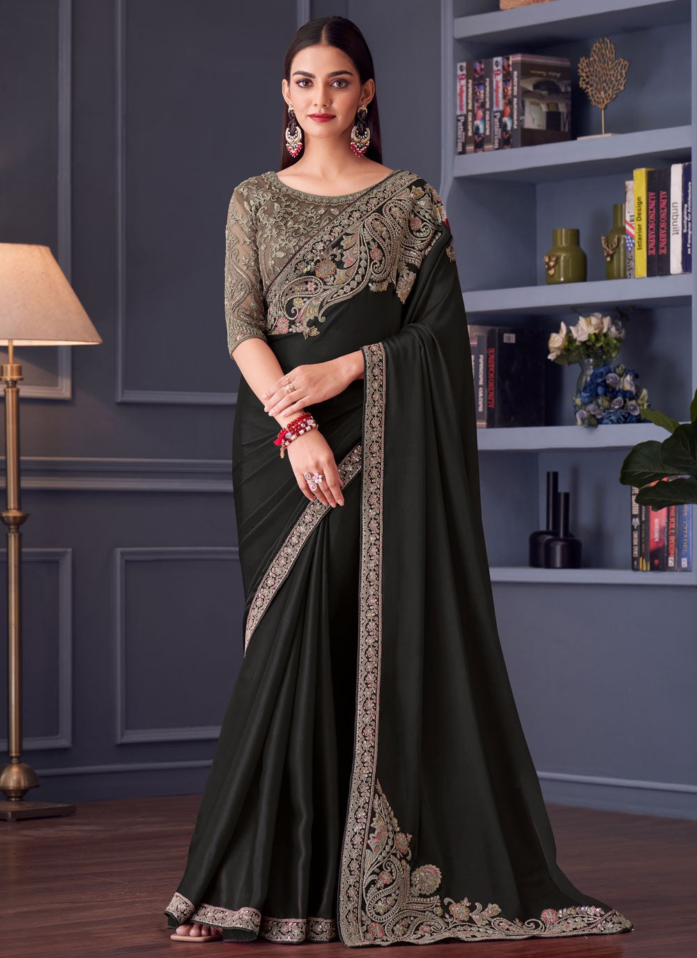 Embroidered Satin Silk Black Saree S14589