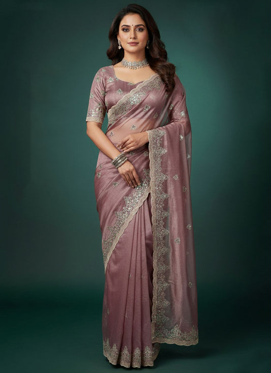 Pink Satin Silk Traditional Saree Embroidered, Sequins S20266