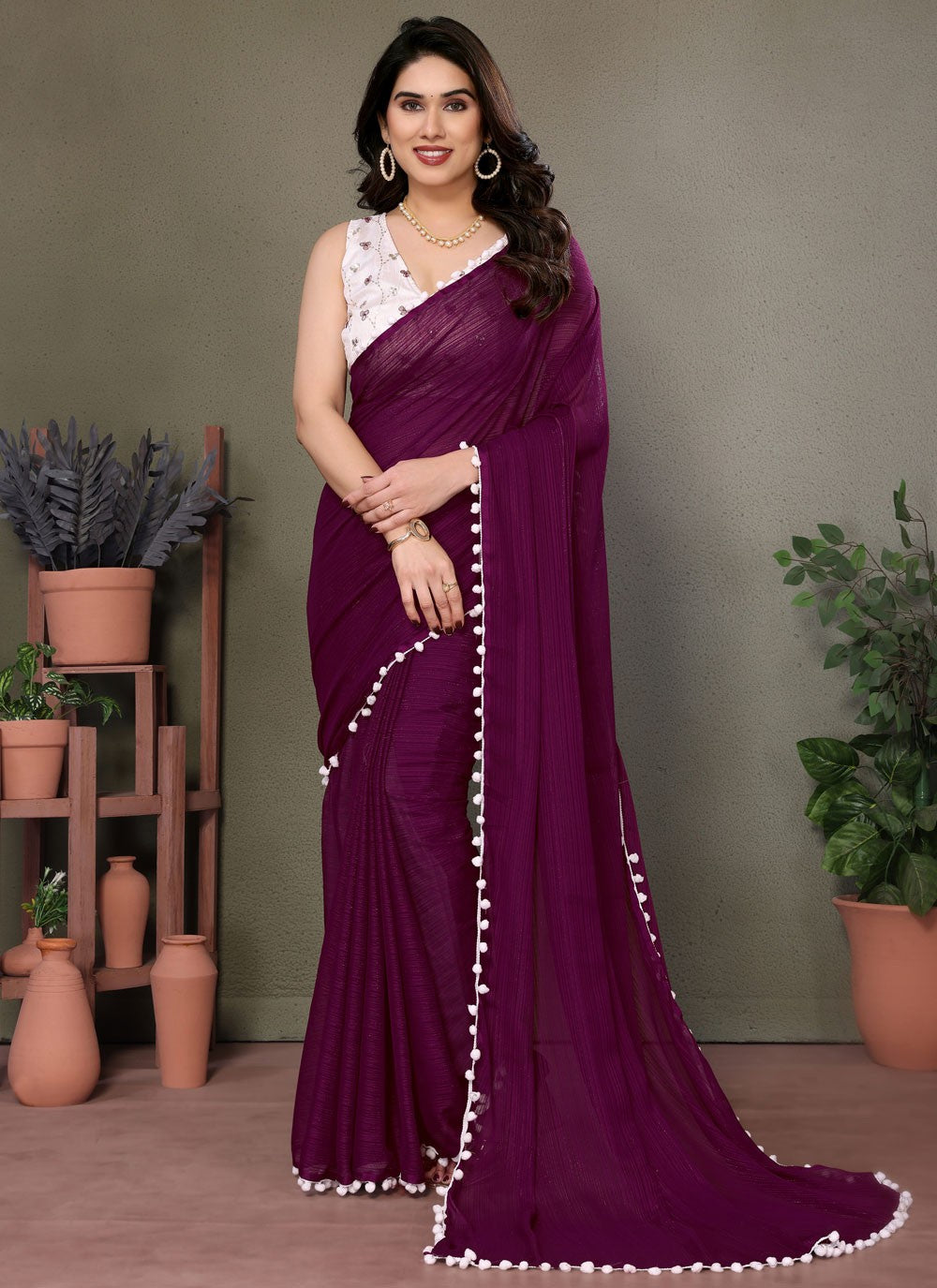 Traditional Border Work Burgundy Banglori Silk Saree S12480