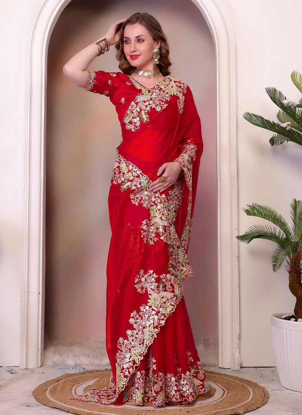 Traditional Border Work Red Jimmy Chu Saree S12946