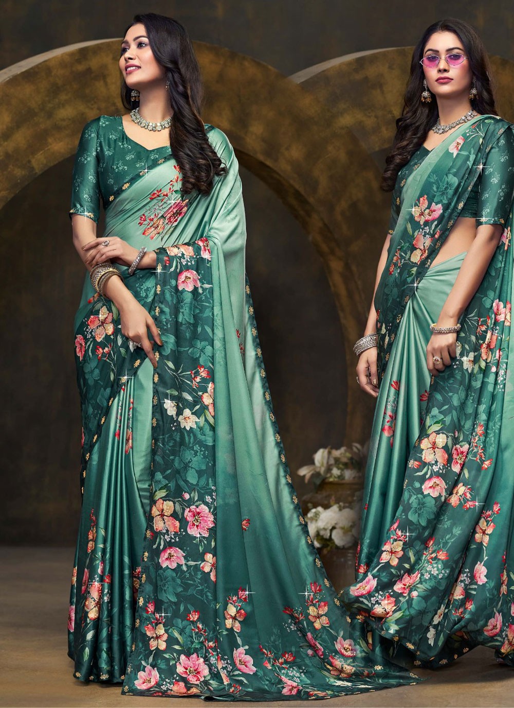 Traditional Digital Print Morpeach, Teal Satin Silk Saree S13239