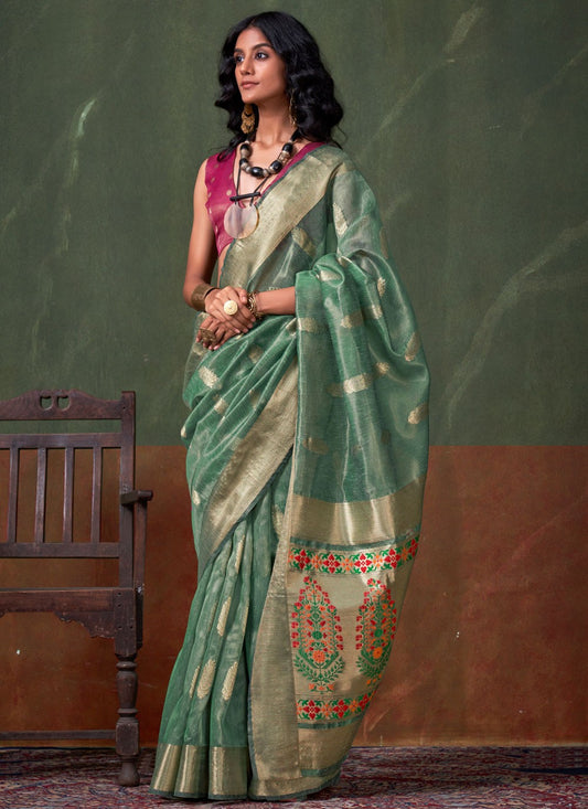 Weaving Zari Silk Sea Green Saree S13848
