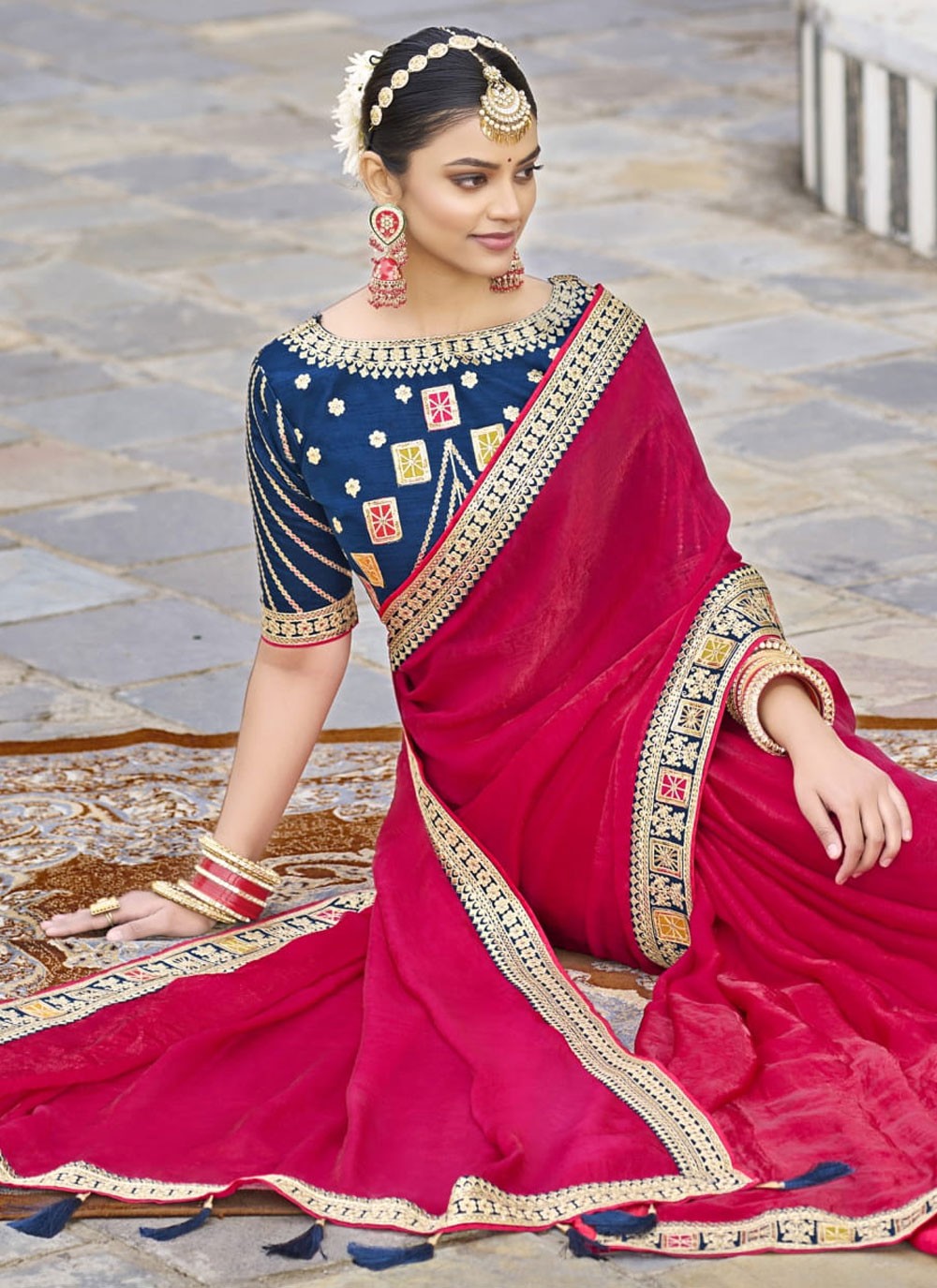 Border Work Georgette Hot Pink Traditional Saree S15353