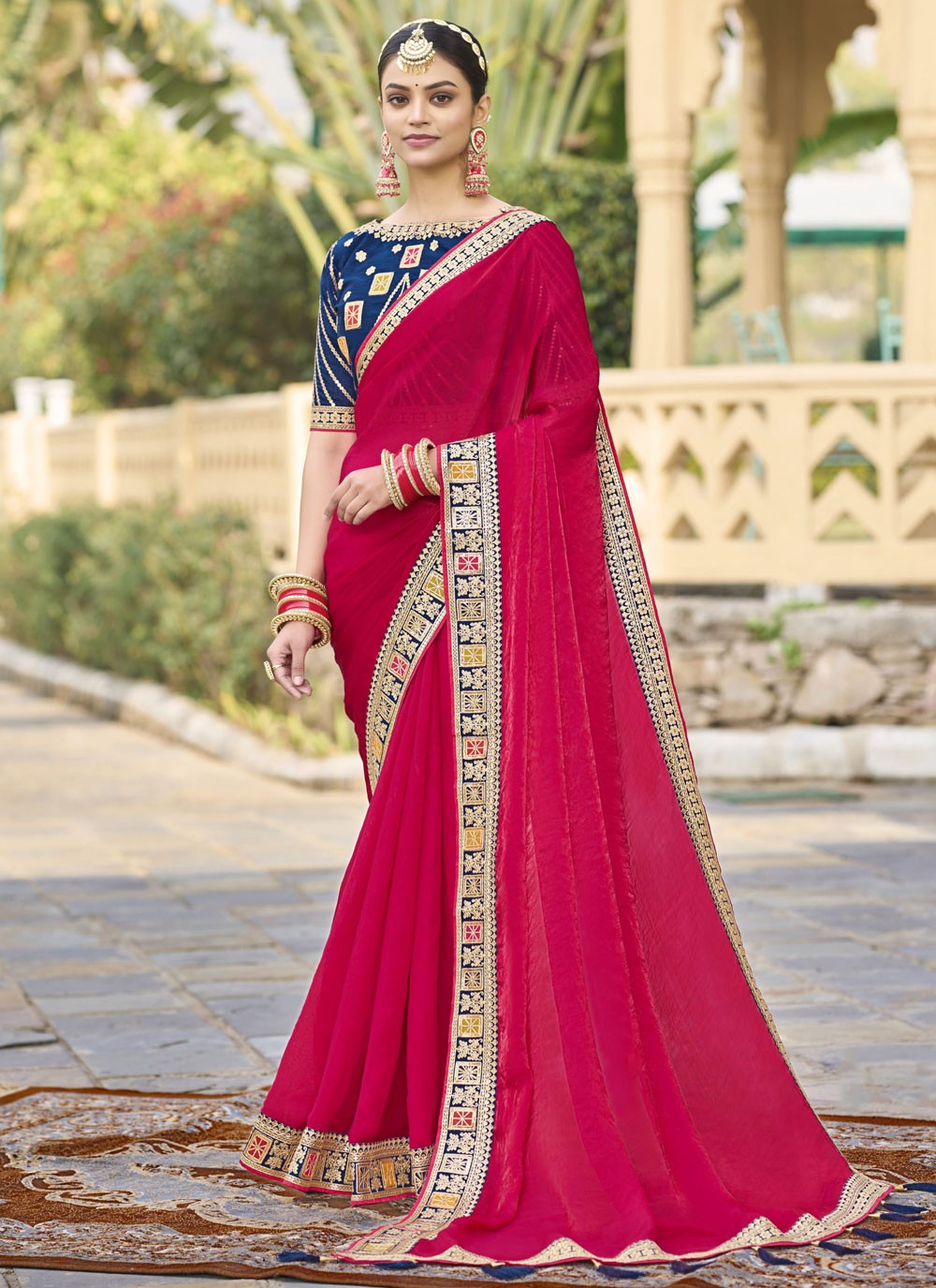 Border Work Georgette Hot Pink Traditional Saree S15353