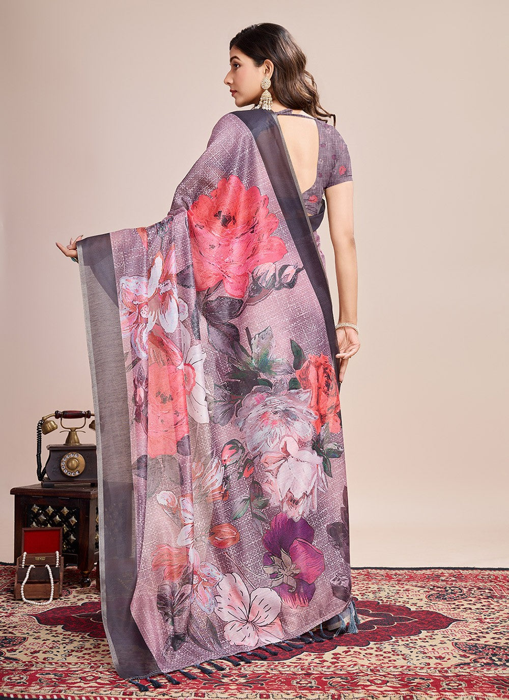 Border Work, Digital Print Linen Saree - S11538