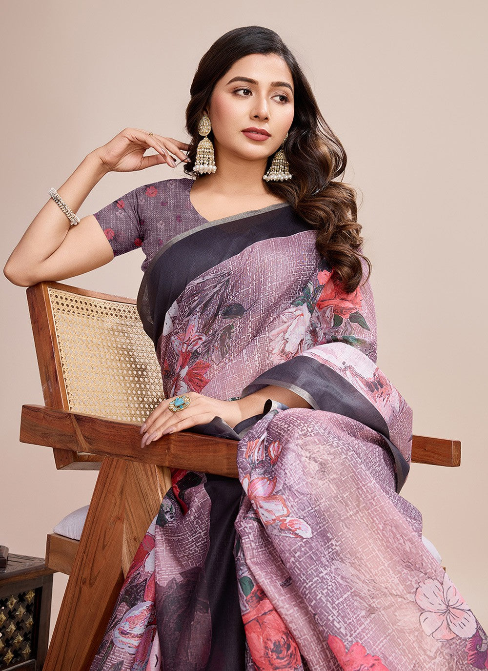 Border Work, Digital Print Linen Saree - S11538