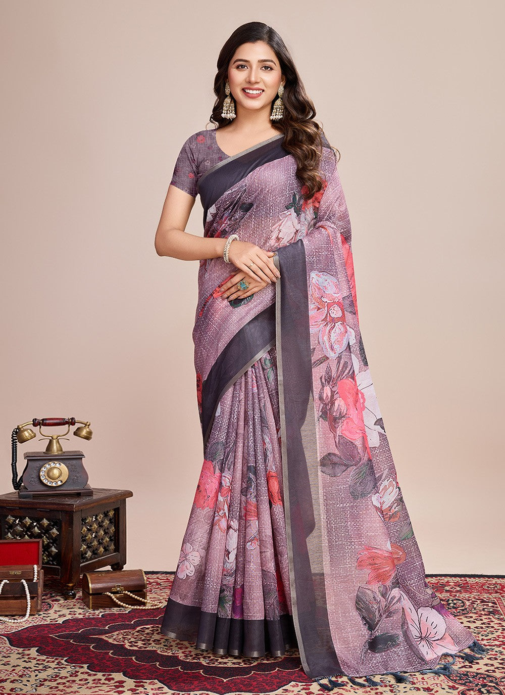Border Work, Digital Print Linen Saree - S11538