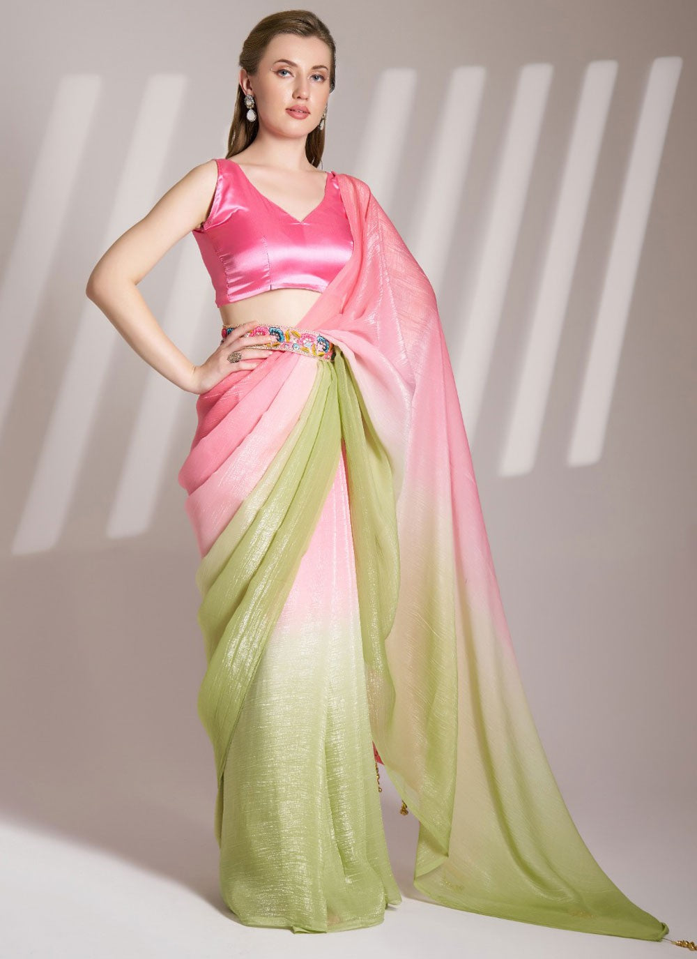 Plain Chiffon Green Saree S13798
