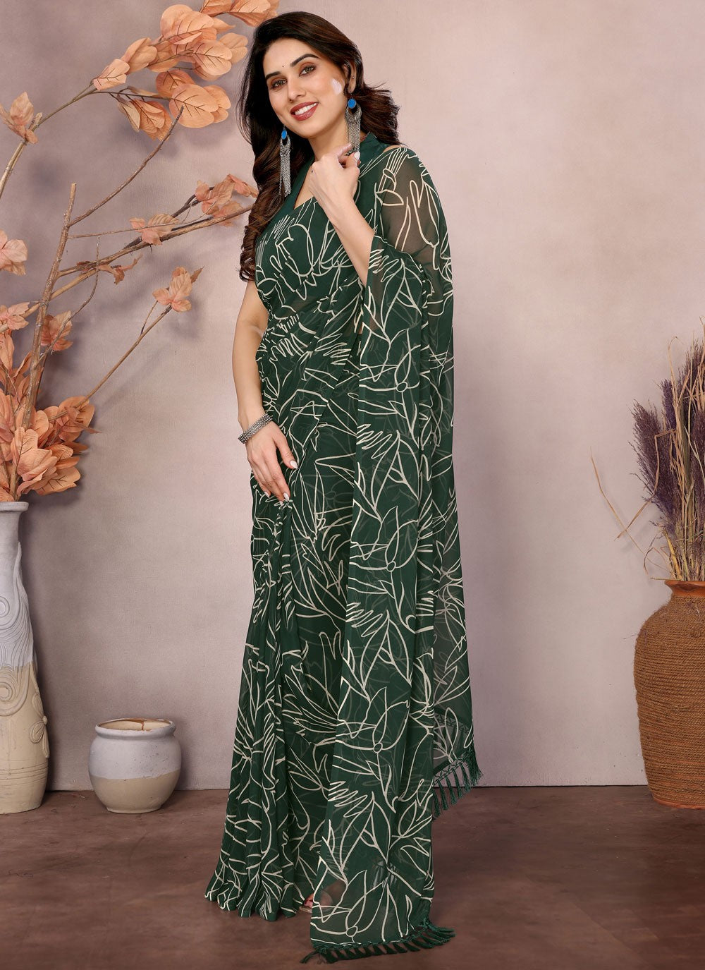 Printed Georgette Green Saree S14182