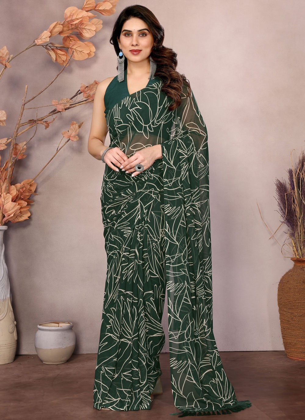 Printed Georgette Green Saree S14182
