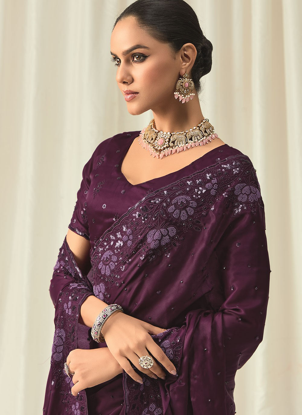Wine Satin Traditional Saree Beads, Embroidered, Floral Printed, Sequins, Thread S18819