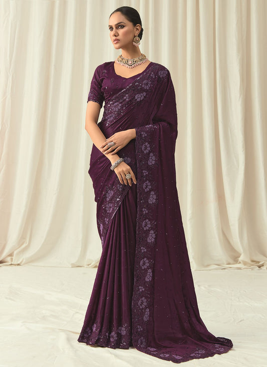 Wine Satin Traditional Saree Beads, Embroidered, Floral Printed, Sequins, Thread S18819
