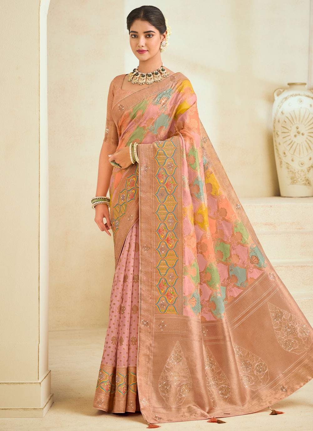 Traditional Embroidered Pink Silk Saree S12489
