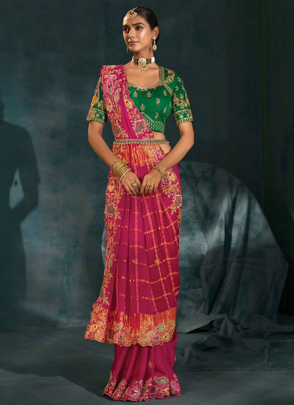 Hot Pink Silk Traditional Saree Cutdana, Embroidered, Mirror, Thread, Zari S19717