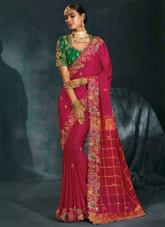 Hot Pink Silk Traditional Saree Cutdana, Embroidered, Mirror, Thread, Zari S19717