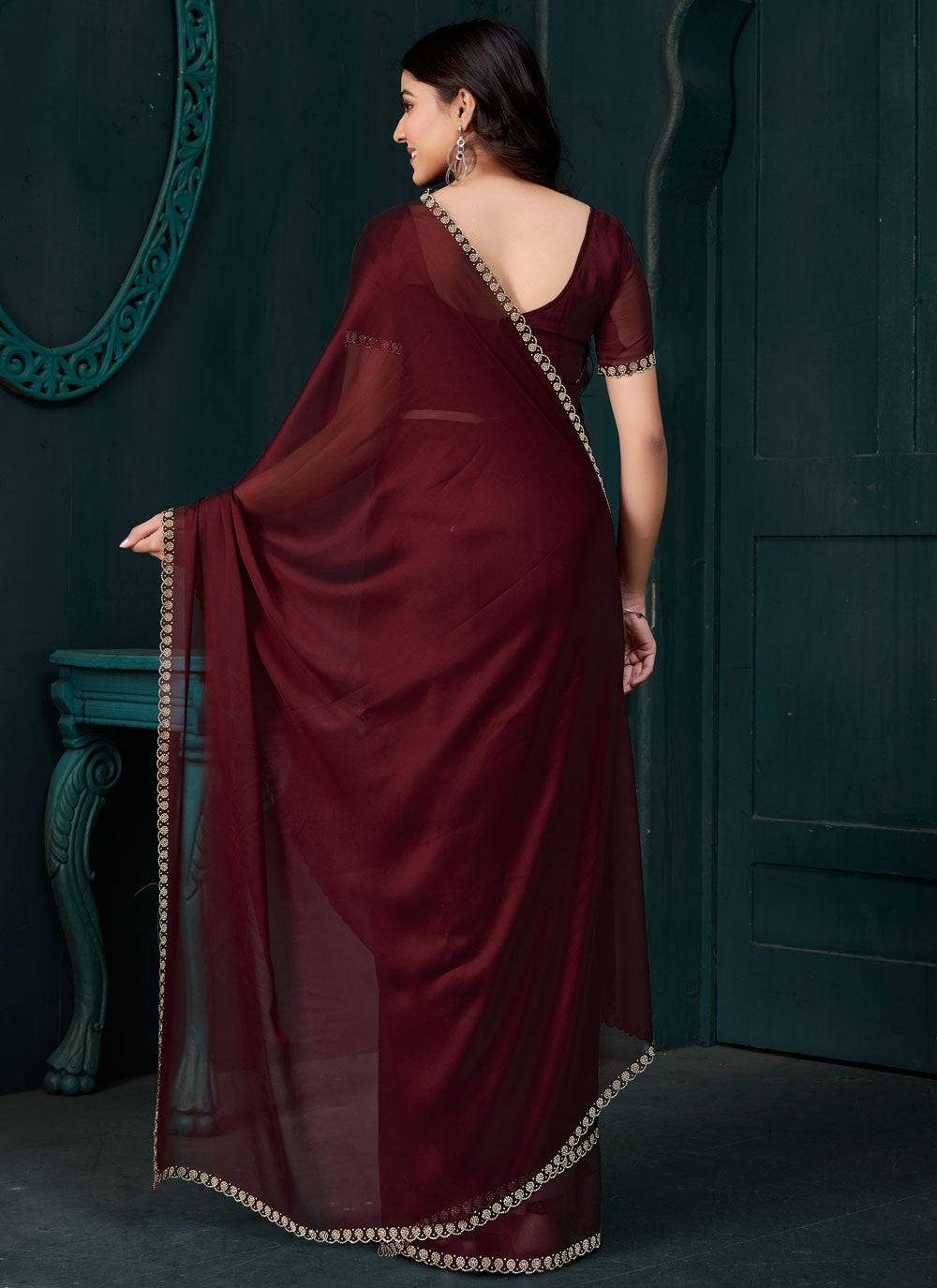 Swarovski Crepe Silk Wine Traditional Saree S14890