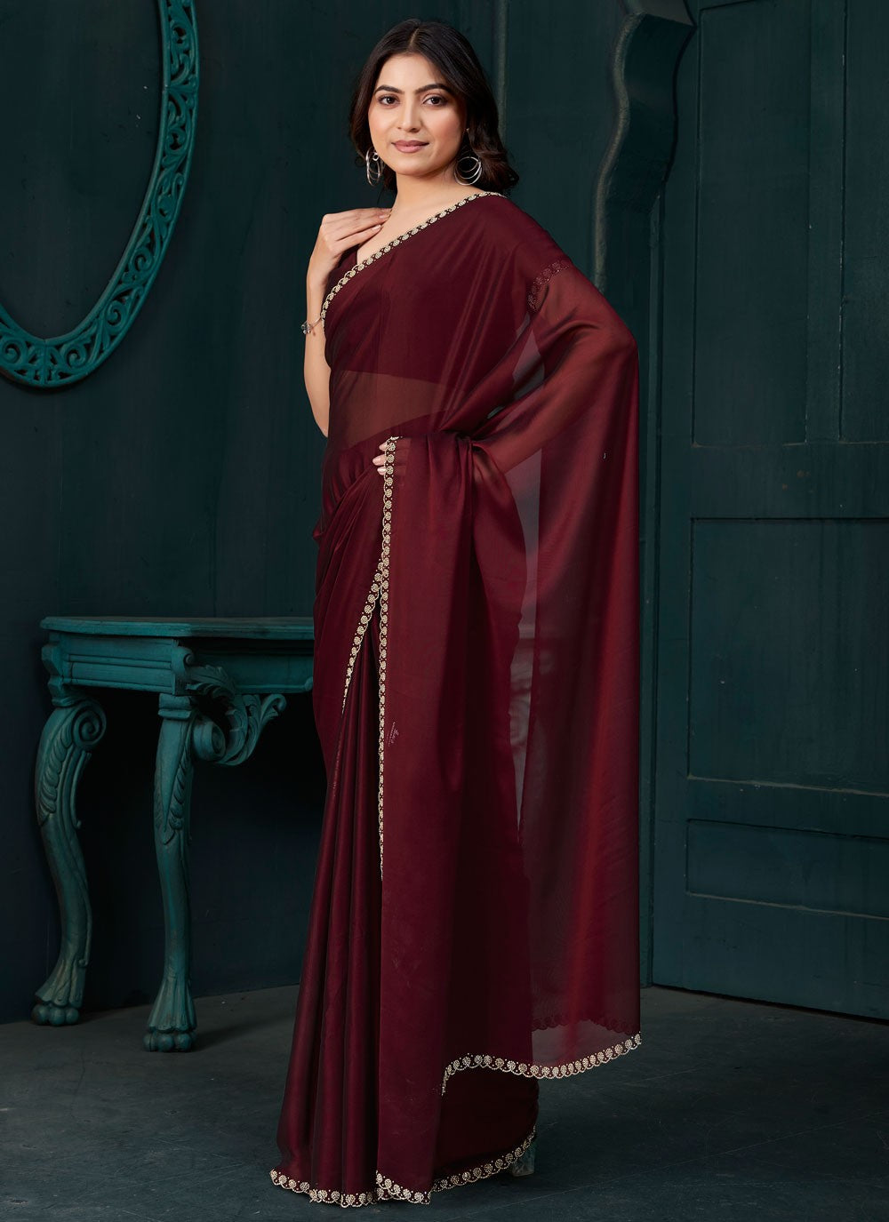 Swarovski Crepe Silk Wine Traditional Saree S14890