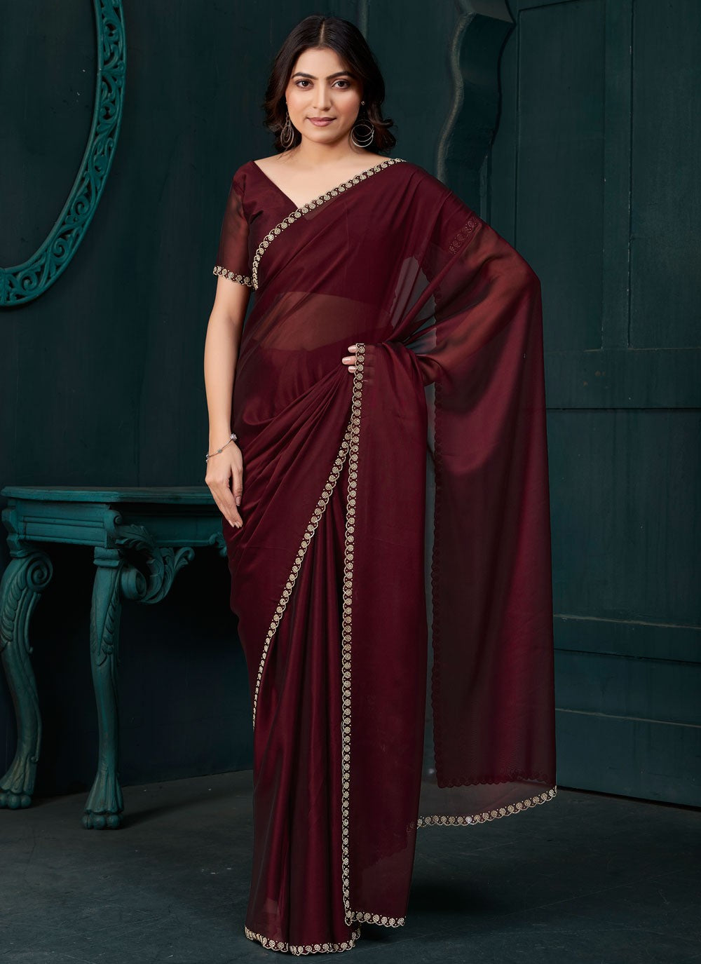 Swarovski Crepe Silk Wine Traditional Saree S14890