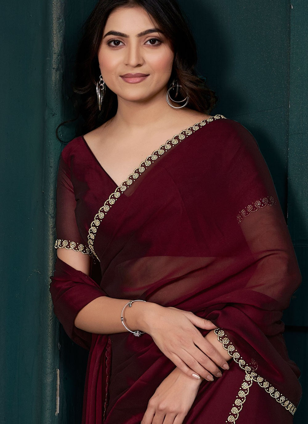 Swarovski Crepe Silk Wine Traditional Saree S14890
