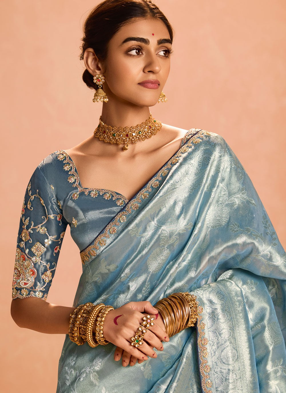Traditional Embroidered Blue, Grey Silk Saree S12846