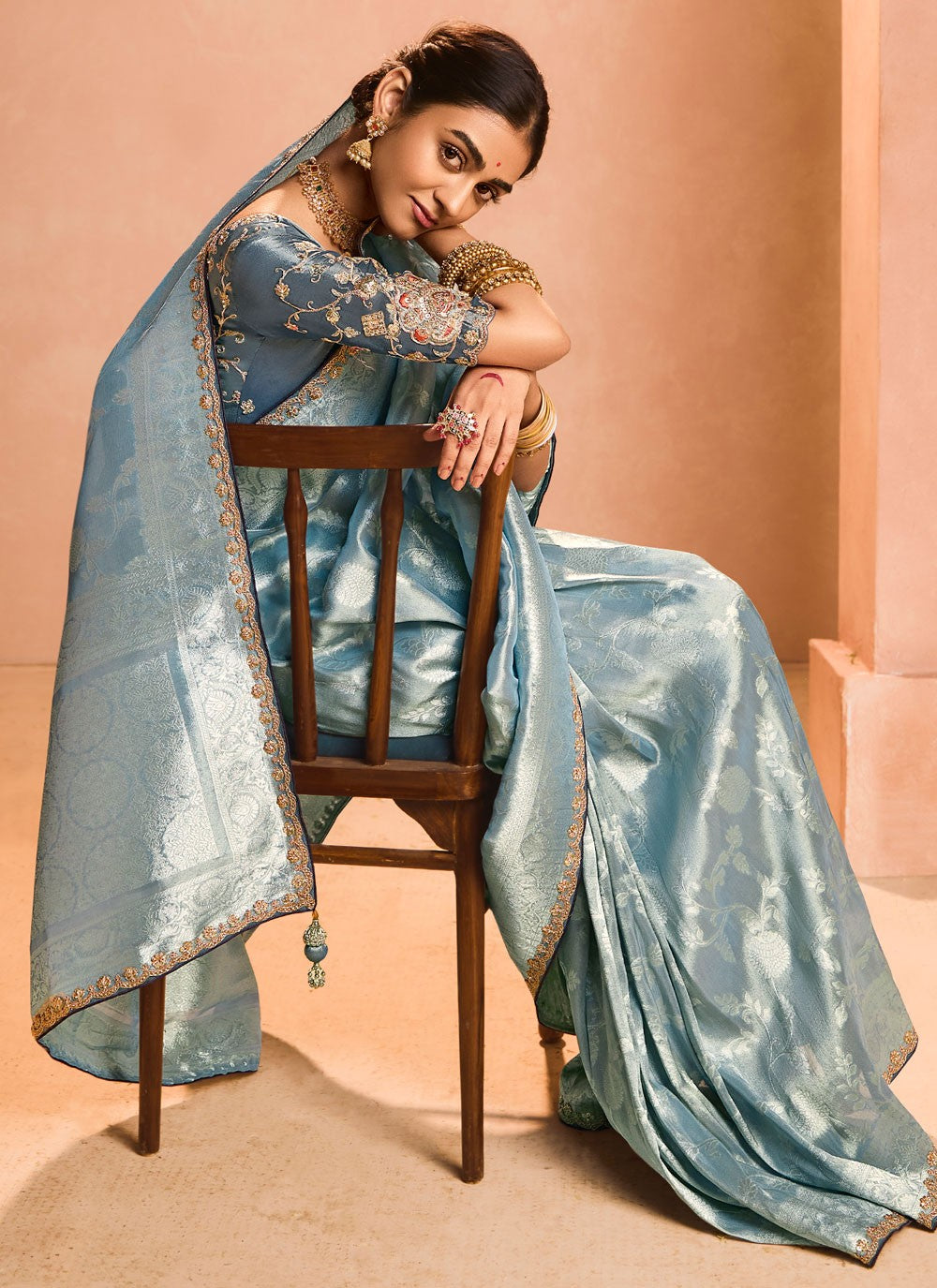 Traditional Embroidered Blue, Grey Silk S12846
