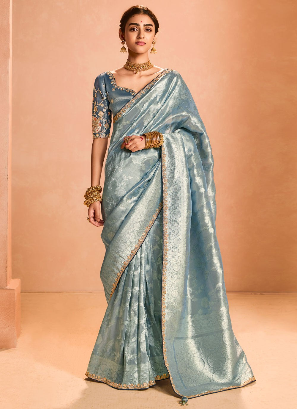 Traditional Embroidered Blue, Grey Silk Saree S12846