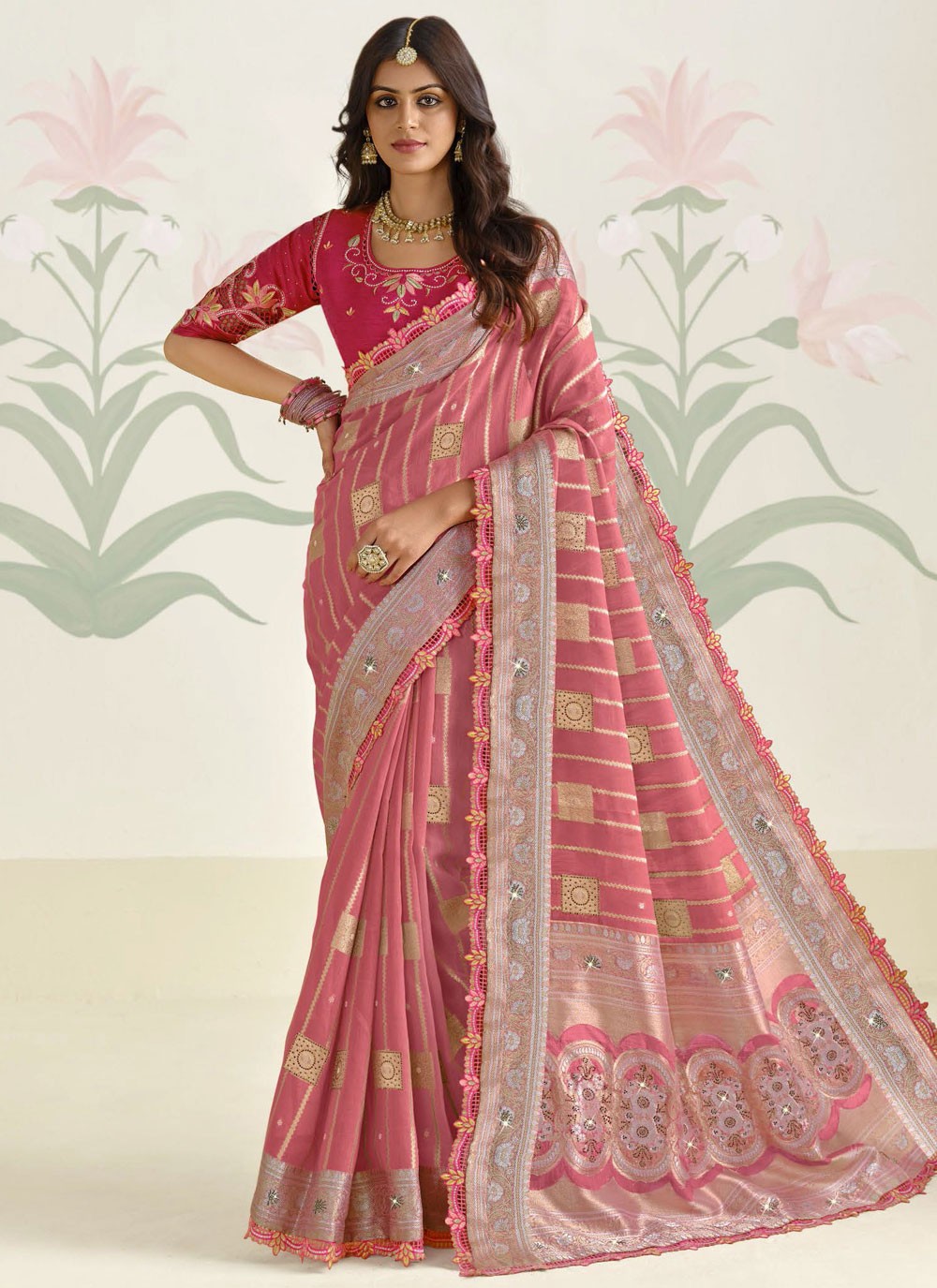Traditional Weaving Zari Peach Silk S13019