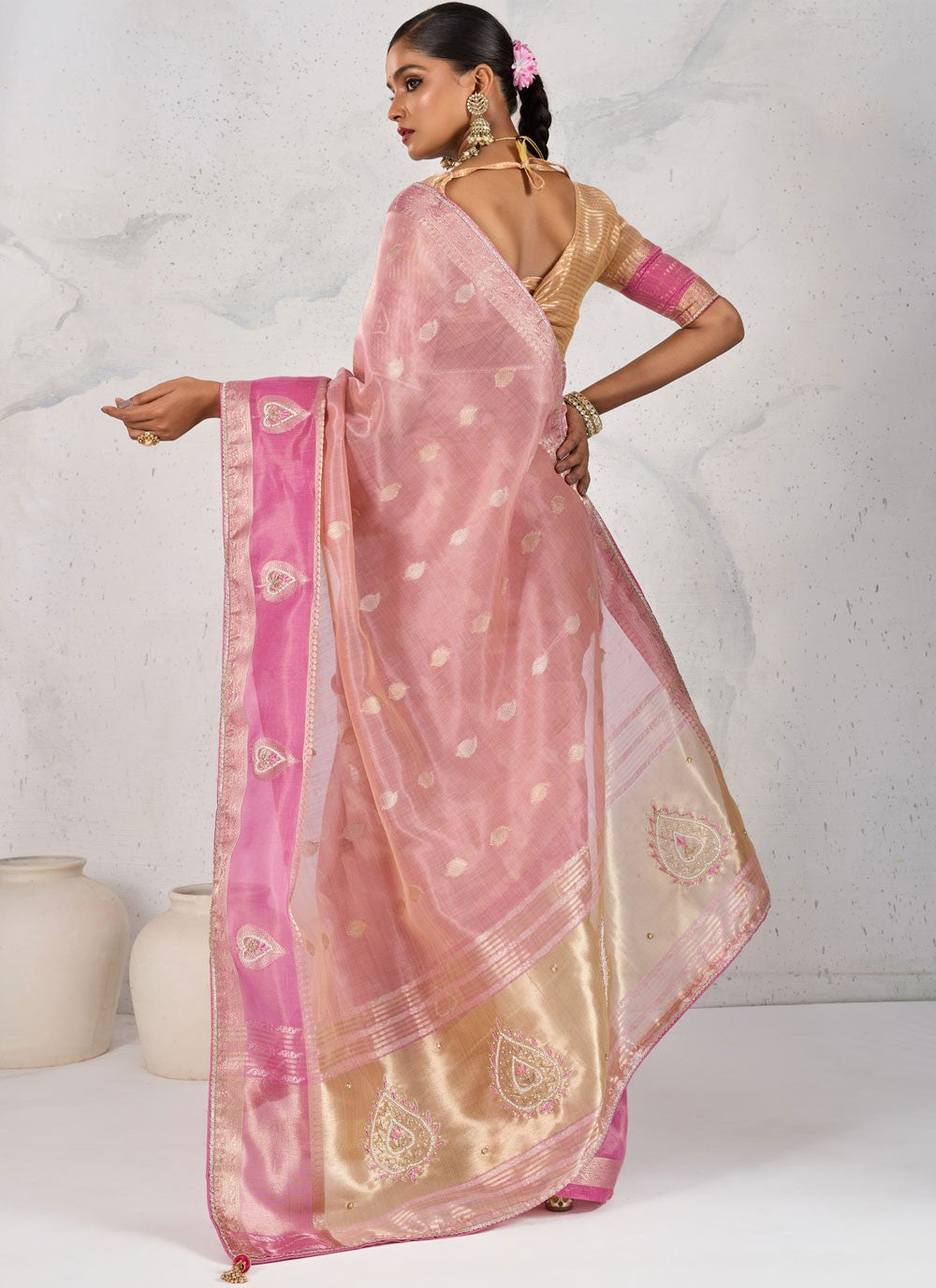 Pink Linen Traditional Saree Buttis, Cutdana, Woven, Zardosi, Zari S17576