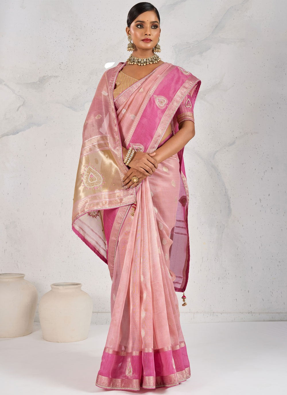 Pink Linen Traditional Saree Buttis, Cutdana, Woven, Zardosi, Zari S17576