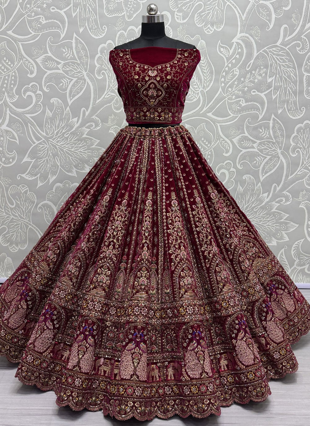 Diamond Velvet Hot Pink, Maroon Lehenga - L3421