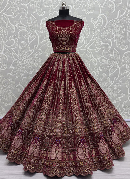 Diamond Velvet Hot Pink, Maroon Lehenga - L3421