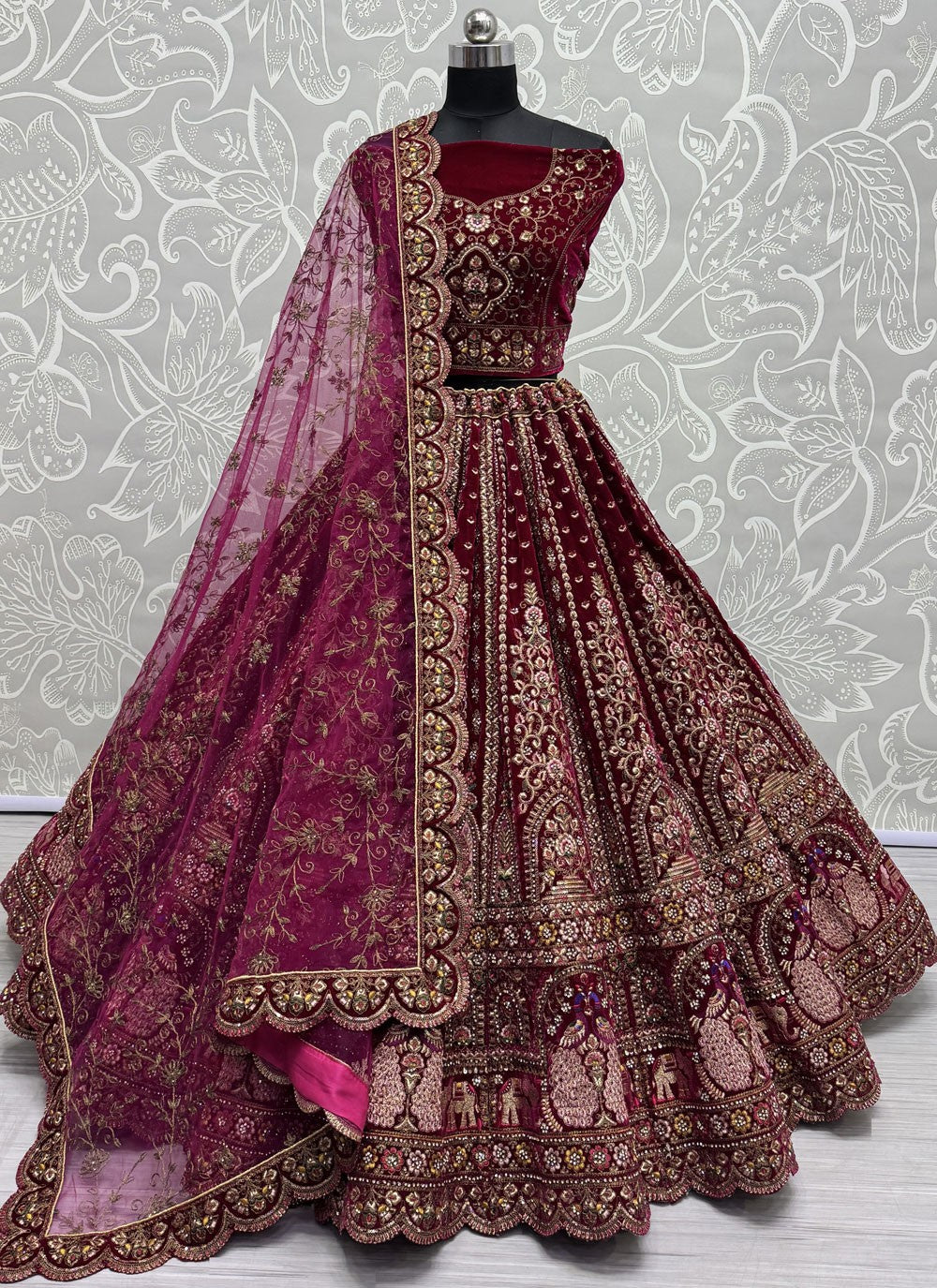 Diamond Velvet Hot Pink, Maroon Lehenga - L3421