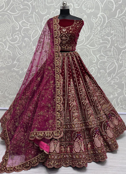 Diamond Velvet Hot Pink, Maroon Lehenga - L3421