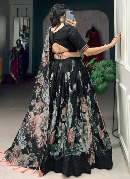 Floral Printed Tussar Silk A - Line Lehenga - L2573