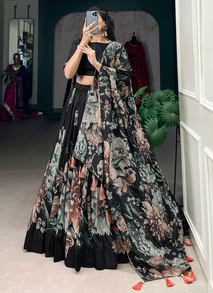 Floral Printed Tussar Silk A - Line Lehenga - L2573