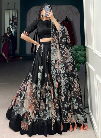 Floral Printed Tussar Silk A - Line Lehenga - L2573