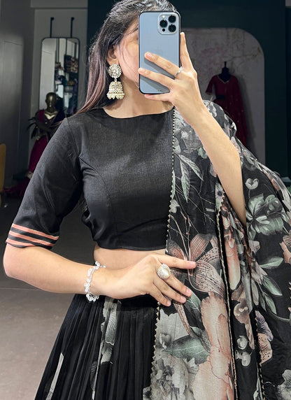 Floral Printed Tussar Silk A - Line Lehenga - L2573
