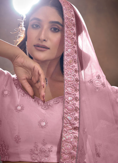 Embroidered Net Pink Lehenga - L3266