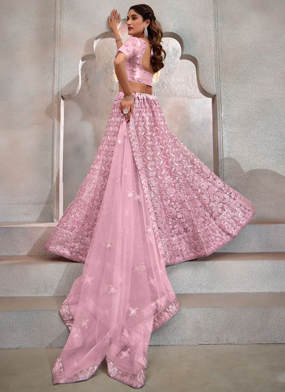 Embroidered Net Pink Lehenga - L3266