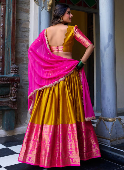 Weaving Zari Fancy Fabric Mustard Lehenga Choli L3702