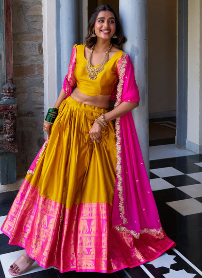 Weaving Zari Fancy Fabric Mustard Lehenga Choli L3702