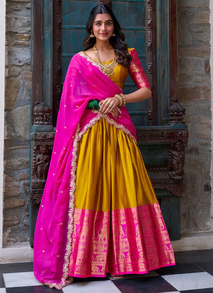 Weaving Zari Fancy Fabric Mustard Lehenga Choli L3702