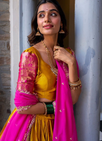 Weaving Zari Fancy Fabric Mustard Lehenga Choli L3702