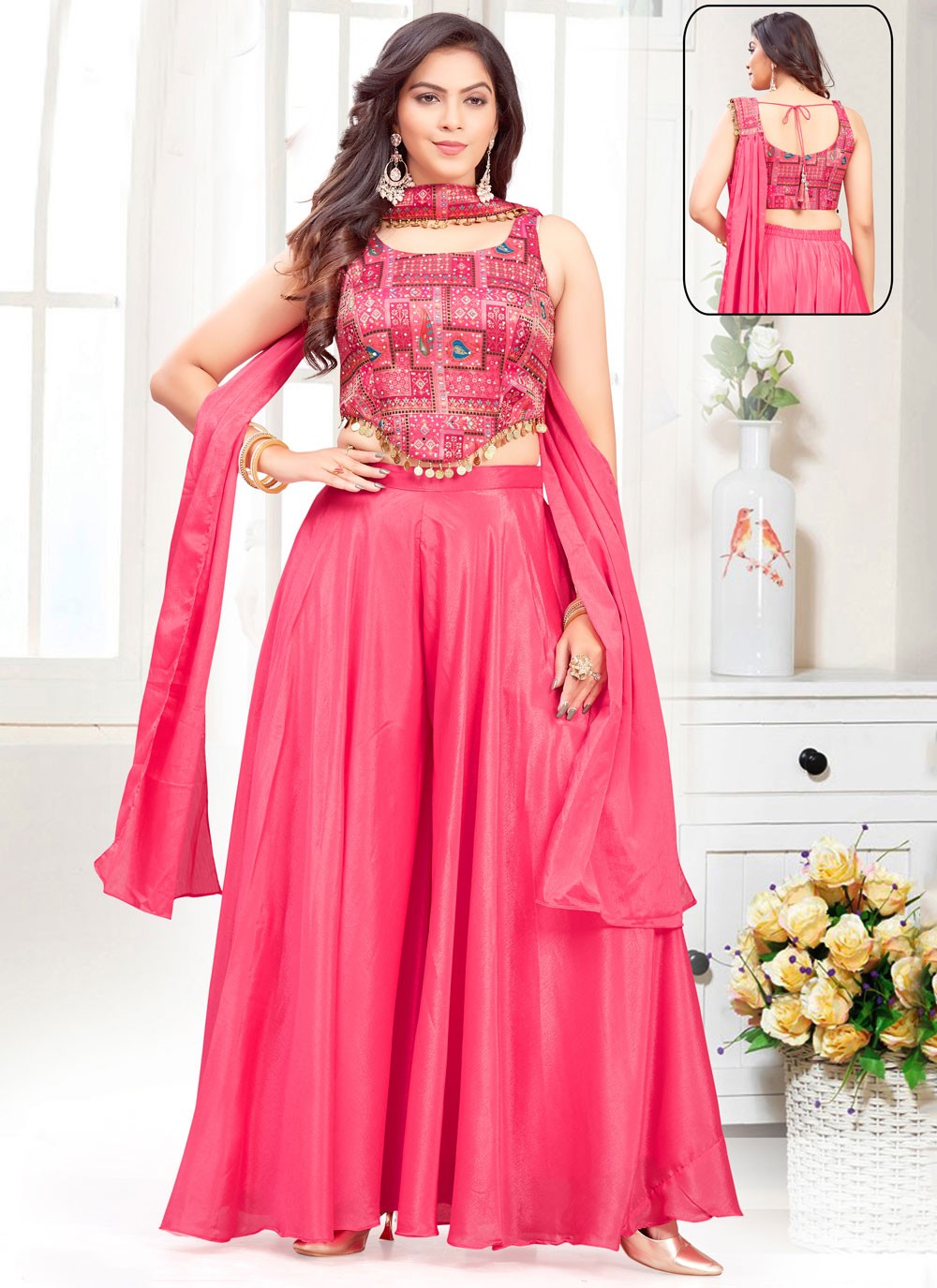 Palazzo Suit Embroidered Pink Georgette T5732