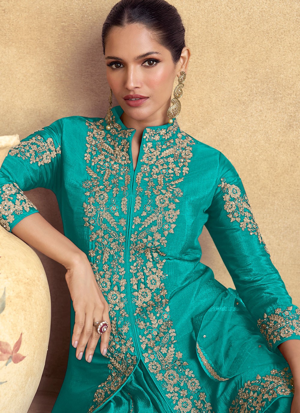 Palazzo Suit Embroidered Firozi Chinon T5771