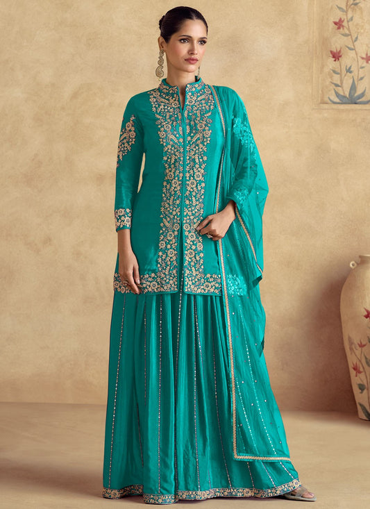 Palazzo Suit Embroidered Firozi Chinon T5771