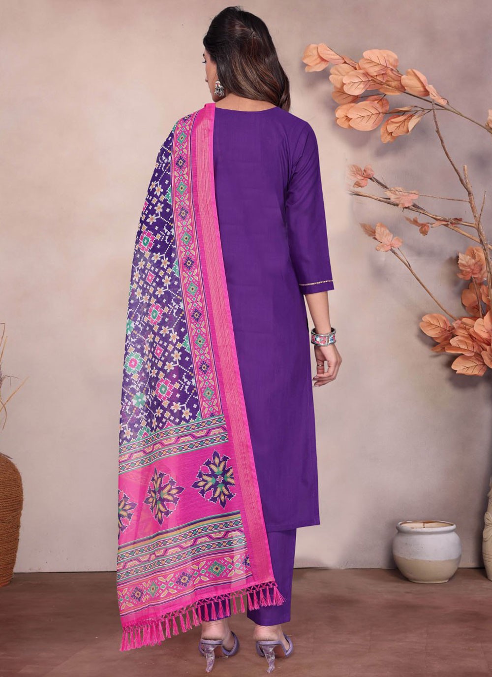 Embroidered Blended Cotton Violet Salwar Suit T5985
