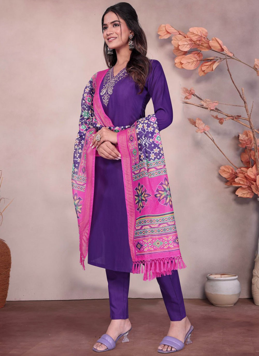 Embroidered Blended Cotton Violet Salwar Suit T5985