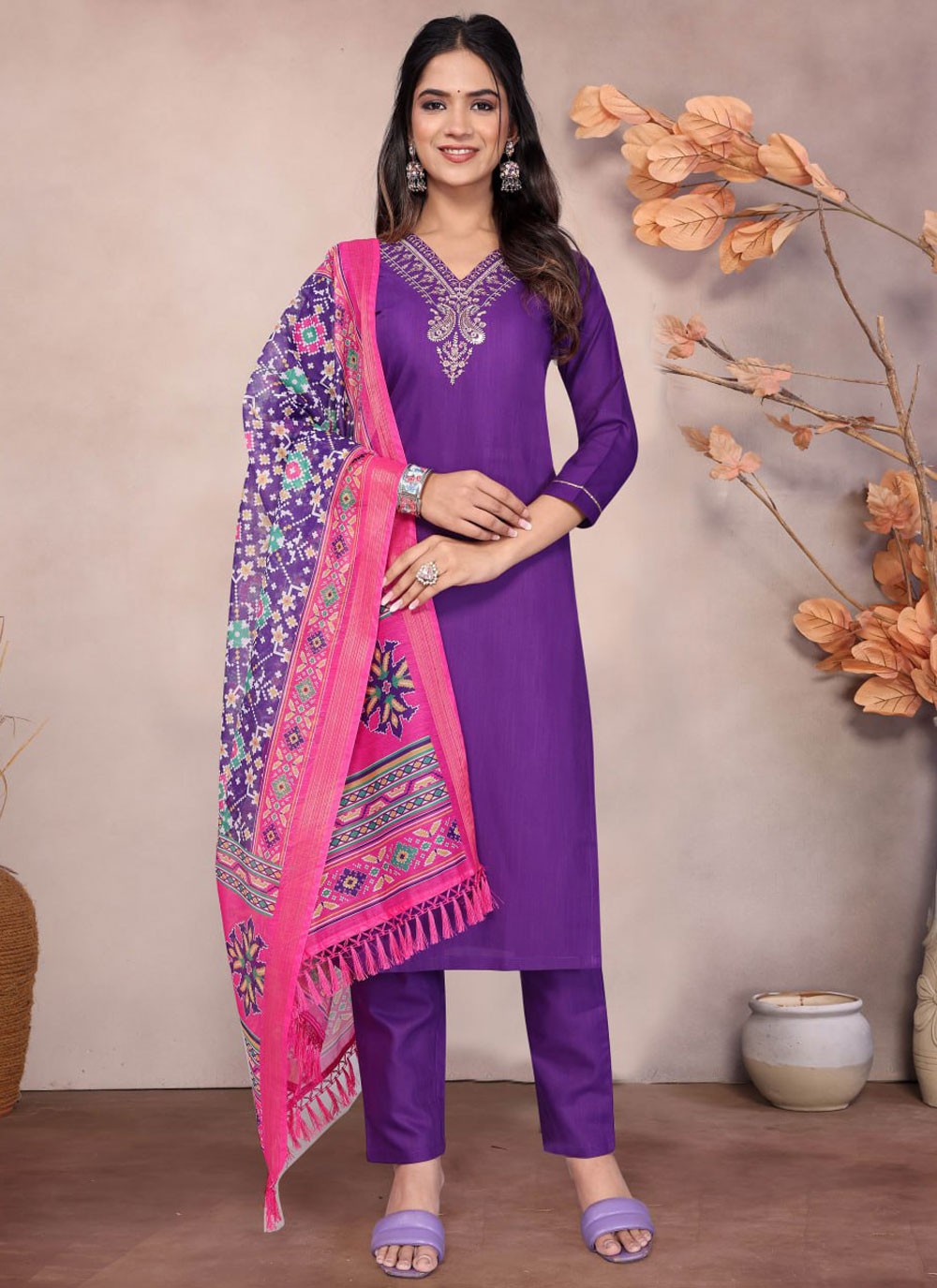 Embroidered Blended Cotton Violet Salwar Suit T5985