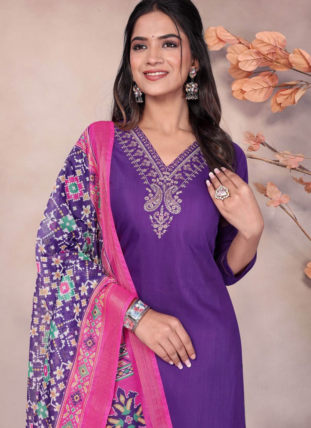 Embroidered Blended Cotton Violet Salwar Suit T5985